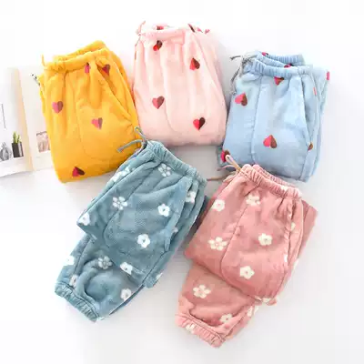 Pajamas women's autumn and winter flannel thickened closed leg trousers loose large size coral velvet cute warm home pants
