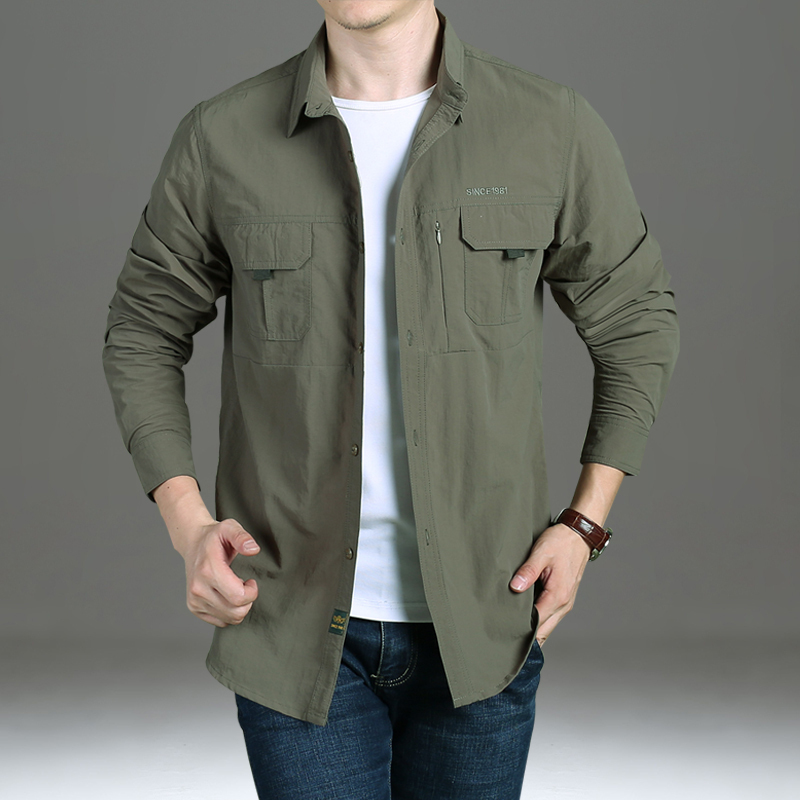 Spring and Summer Quick-Drying Casual Long-Sleeved Shirt for Men, Outdoor Loose Large Size Workwear, Waterproof Quick-Drying Multi-Pocket Shirt
