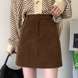 Retro Corduroy Brown Skirt for Women 2024 Autumn and Winter New Style Small High-Waisted A-Line Slimming Hip-Hugging Short Skirt