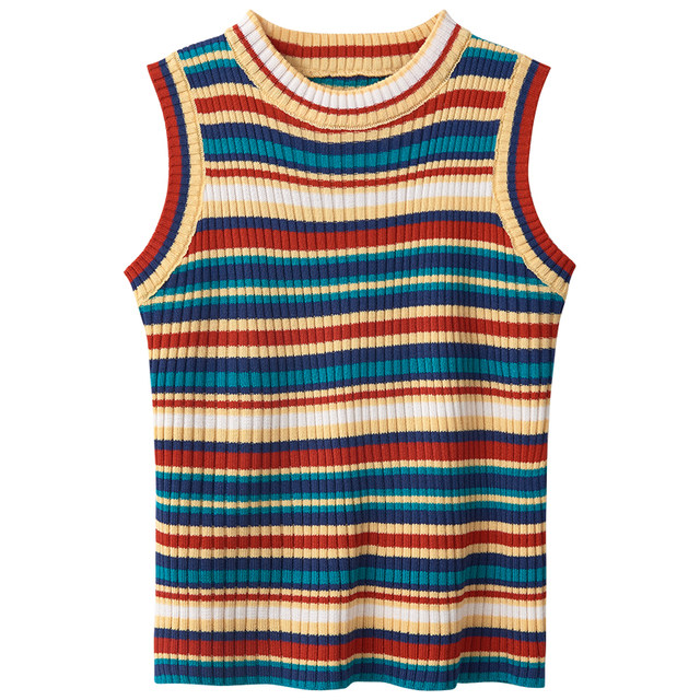 Summer dress net red rainbow striped short vest women's trendy western style design sense niche sexy outerwear sleeveless top