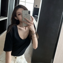 Large neckline short sleeve T-shirt female loose 2022 new Korean version 100 hitch student black u collar sexy low collar blouse