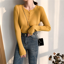 2020 Spring and Autumn tight long sleeve Joker pullover button knit sweater womens round neck inside knitted top base shirt tide