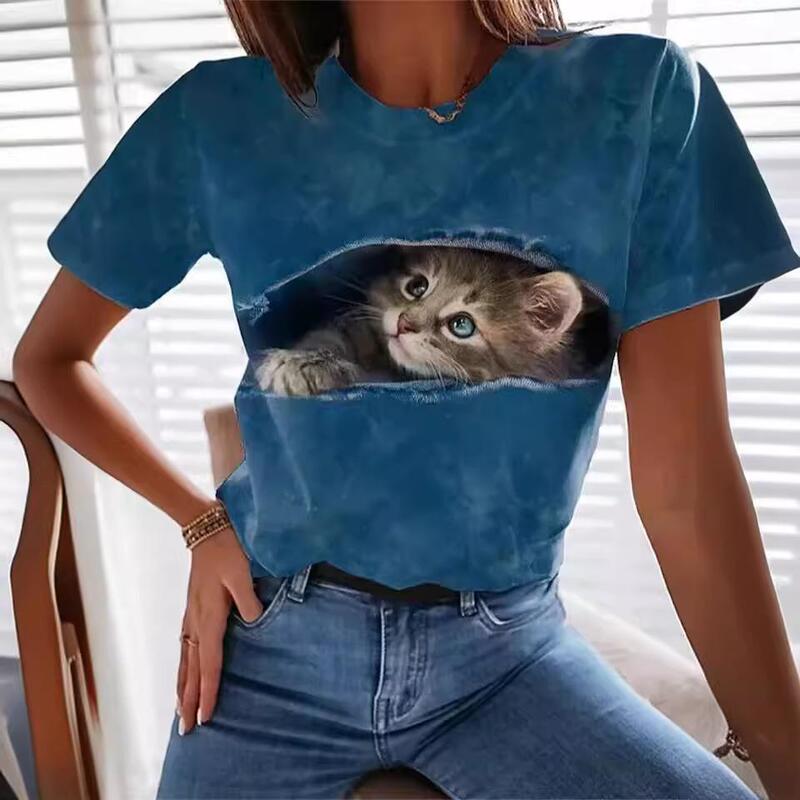 Factory Direct Sales 2024 New Model 2023 Summer Amazon Independent Site European and American Cross-Border Popular Cat Digital Print Round