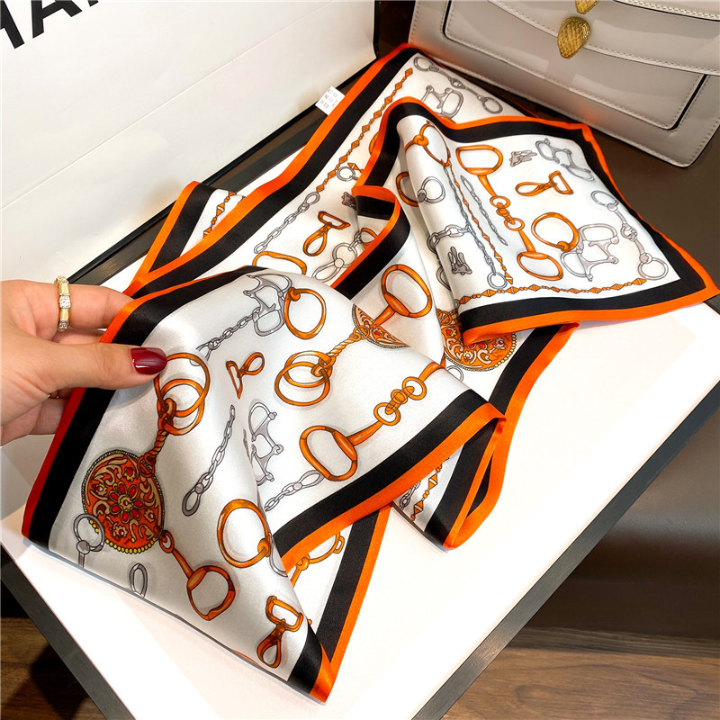 Luxe Thin Leather Buckle Chain Silk Scarf Silk Printed French Korean Style Ladies Headband