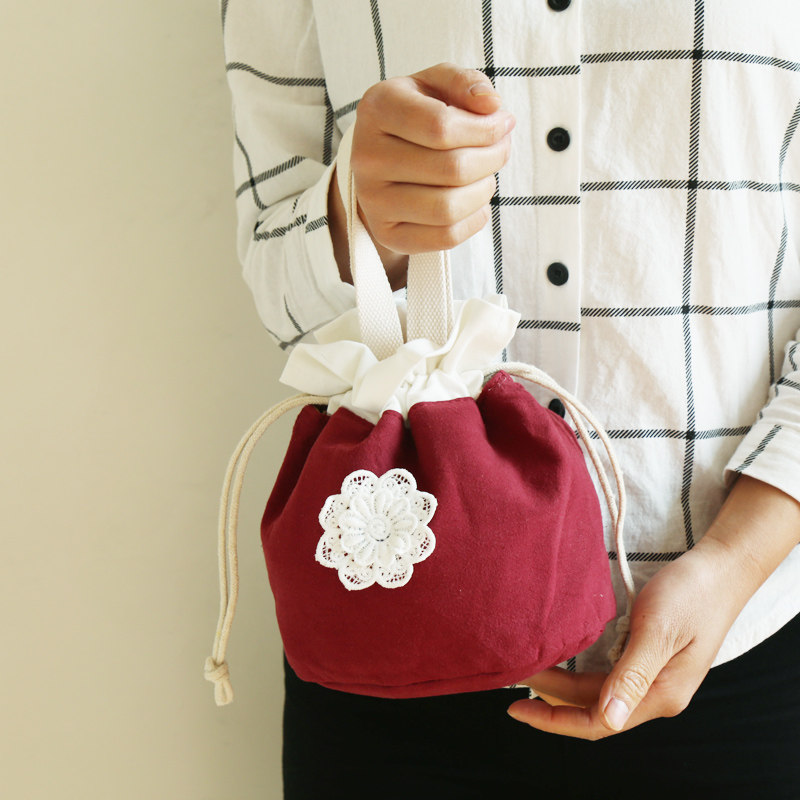 Japanese small fresh handbags Ladies linen bucket bag Lace flower handbag Original cloth bag