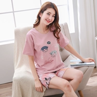 Bộ đồ ngủ ngắn tay cotton mùa hè Quần short nữ phiên bản Hàn Quốc của phim hoạt hình cổ tròn cotton phục vụ nhà nữ mùa hè mỏng phù hợp đồ ngủ nữ