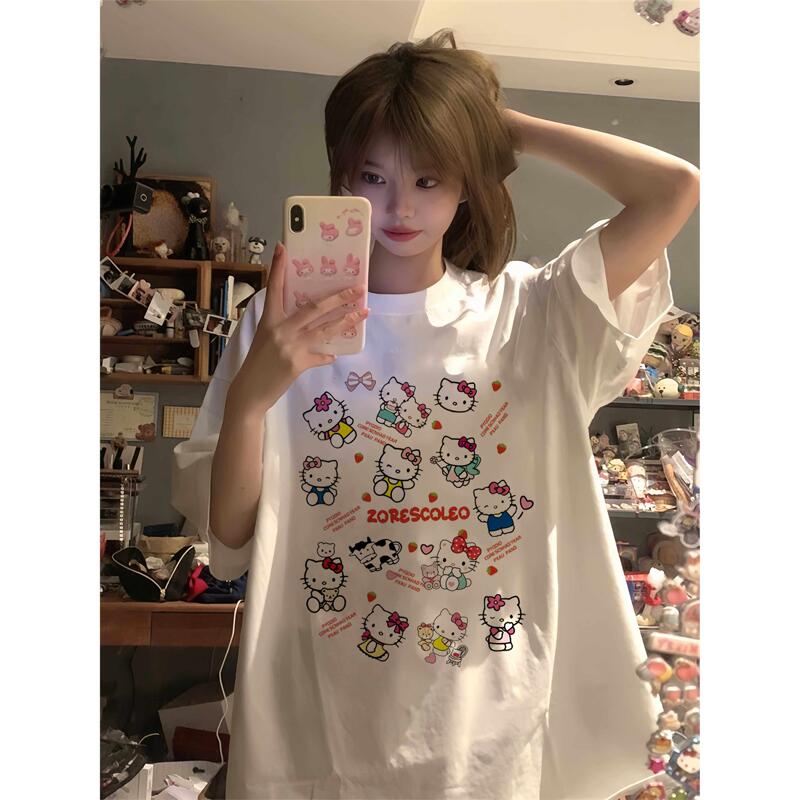 Hong Kong Trendy Brand Hello Kitty Short-Sleeved T-Shirt, Heavyweight Pure Cotton Short-Sleeved T-Shirt, Summer Loose Half-Sleeved Top
