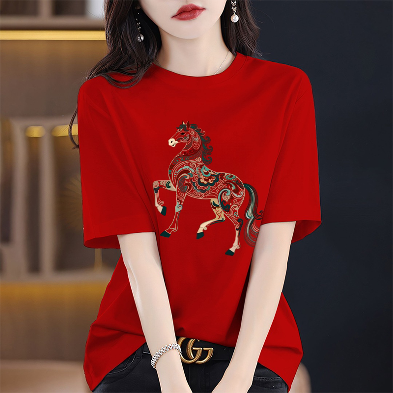 Hong Kong Trendy Brand Pure Cotton Red Short-Sleeve T-Shirt for Women, Year of the Horse Zodiac Year Clothing, 2026 New Year Base Shirt Hong Kong Trendy Brand Pure Cotton Red Short-Sleeve T-Shirt for Women, Year of the Horse Zodiac Year Clothing, 2026 New Year Base Shirt