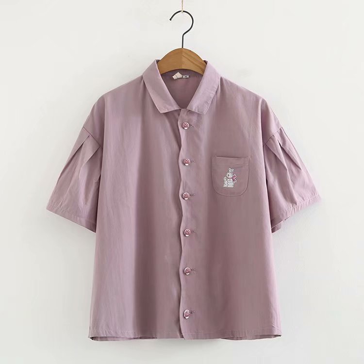So Cute! Our Same Style as Huang Chengzi and Tian Xivi, the Rabbit Series Purple-Gray Loose Short-Sleeved Shirt
