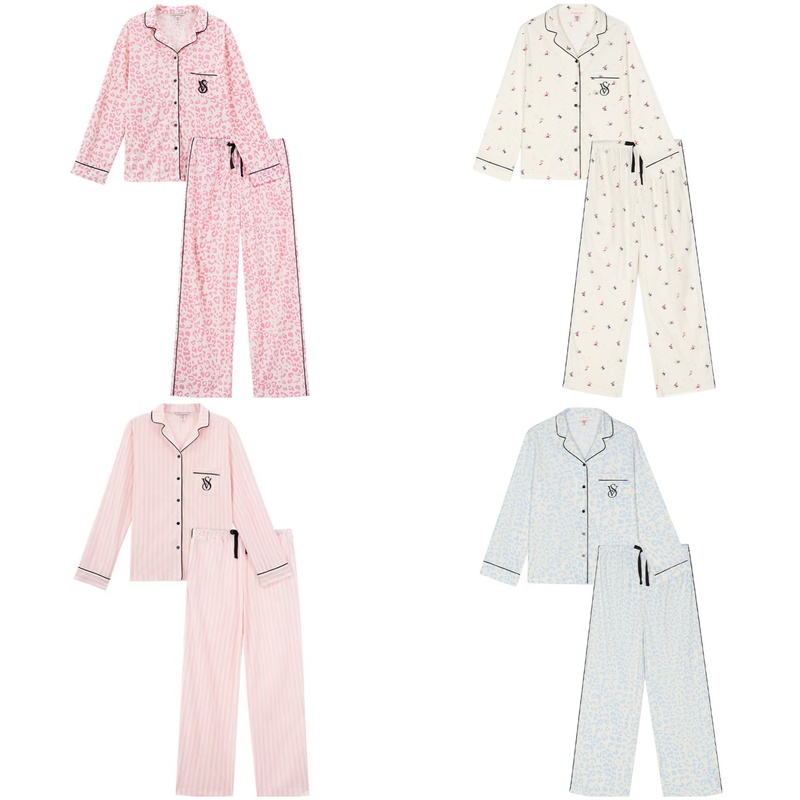 Authentic In-Stock Victoria's Secret Women's Printed Long-Sleeve Long Pants Lightweight Velvet Tencel Cotton Pajama Set