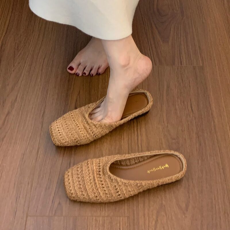 Italy Sanli~ European and American Style Woven Toe-Cap Slip-On Women's Summer New Mules Retro Lazy Half-Slippers