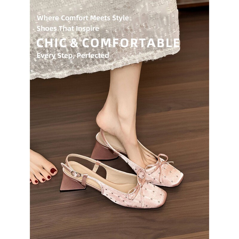 Italy Sanli~ Elegant Ladylike Bow-Tie Closed-Toe Sandals for Women, Simple, Fashionable and Versatile, Back-Strap High Heels