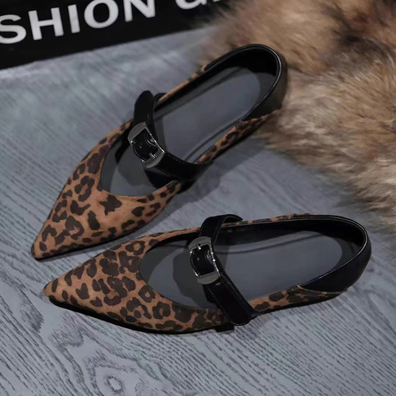 Italy Sanli~Ankora Red Suede Pointed Toe Flats Women's Single Strap Buckle Flat Leopard Print Mary Jane Shoes