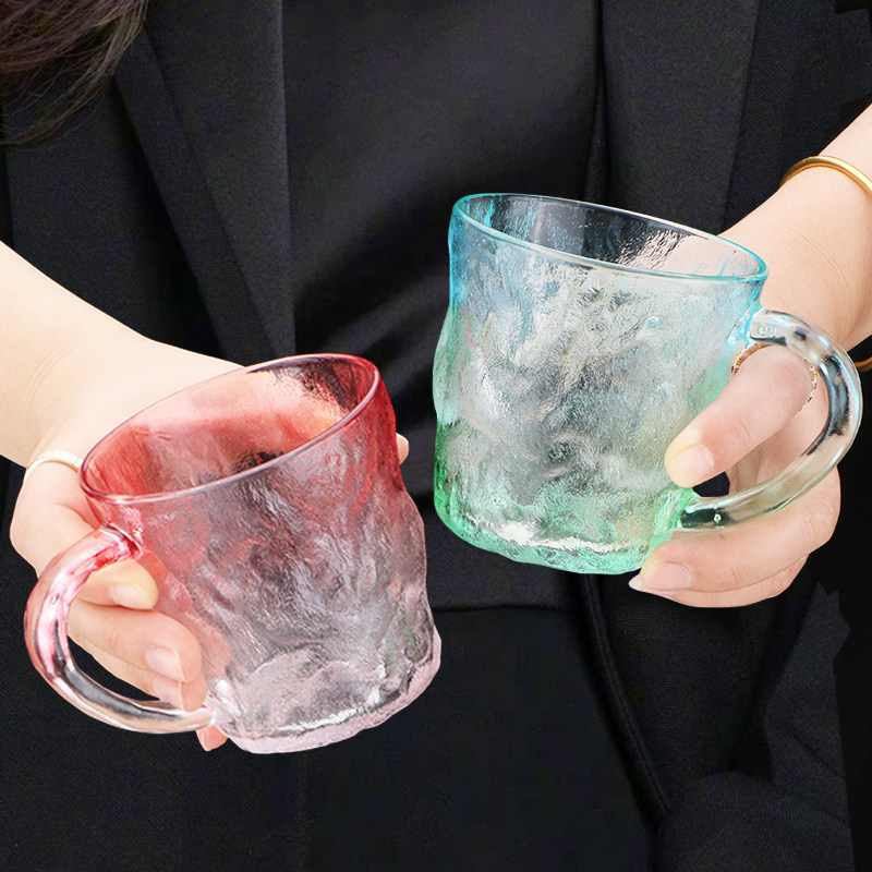 Japanese-Style Glacier Cup with Handle, Colorful Frosted Glass Cup, Trendy High-Appearance Water Cup, Juice Cup, Beer Cup