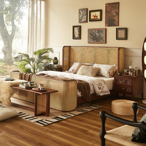 Nordic retro rattan bed B&B hotel solid wood bed 1 51 8 meters home double bed antique style rattan furniture