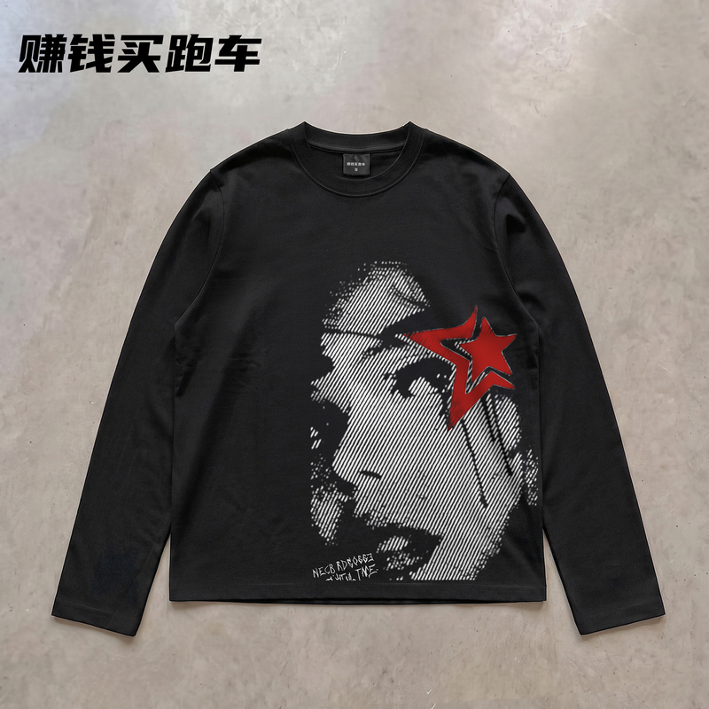 Earn Money to Buy a Sports Car. Pure Cotton 300g Niche High-End Portrait Red Star Print Vintage Long-Sleeve T-Shirt, Unisex