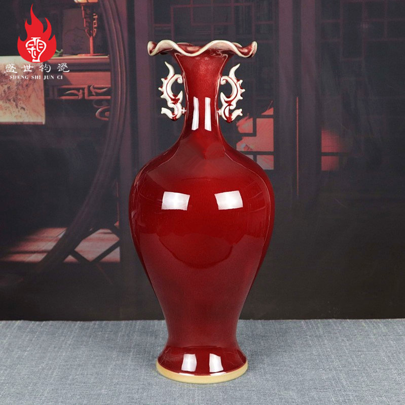 Yuzhou Jun Porcelain Vase Home Decoration Living Room Chinese-Style Ceramic Dried Flower Arrangement Ornament Large Lotus Mouth Phoenix Ear Vase