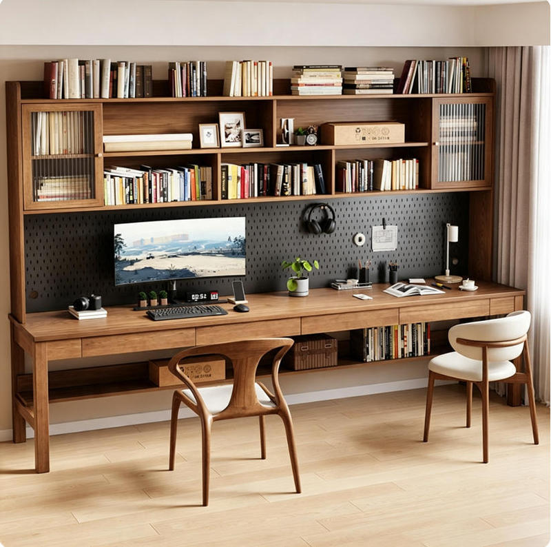 Perforated Board Solid Wood Long Desk Bookcase Integrated Computer Desk with Drawers Wall-Mounted Desk Workbench Office Sz006