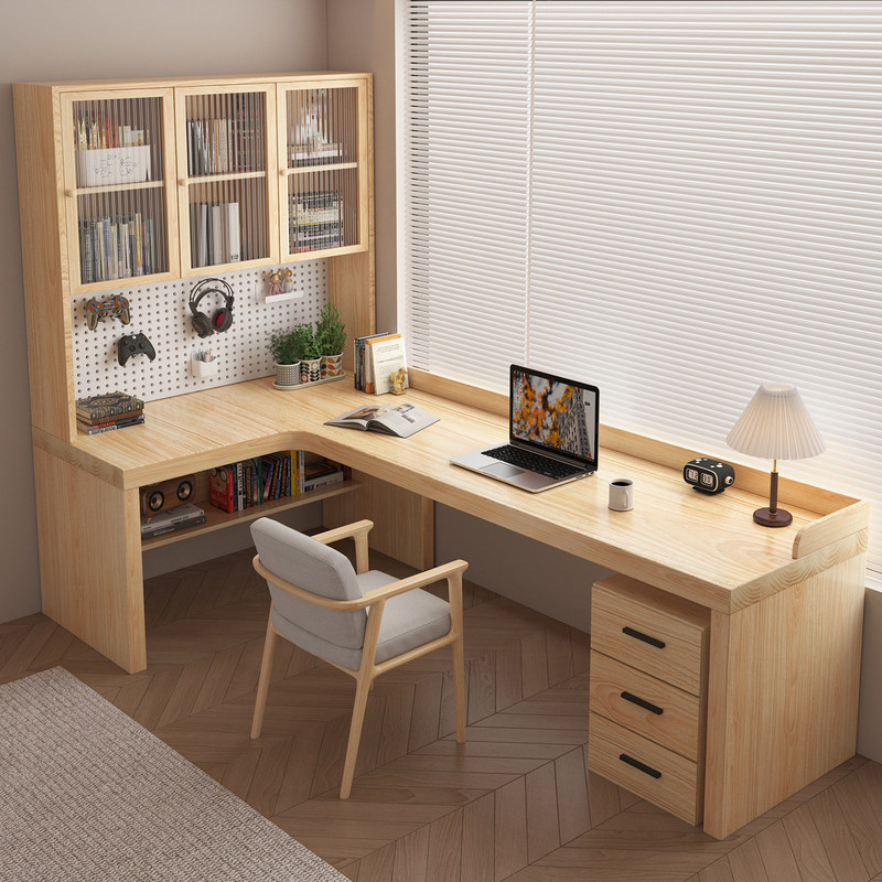 All-Solid Wood Corner Desk with Glass Cabinet Doors, Integrated Desk and Bookshelf for Home Use, L-Shaped Corner 7-Shaped Computer Desk Zj002