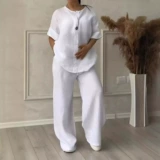 Летний комплект, рубашка, штаны, большой размер, из хлопка и льна, высокая талия