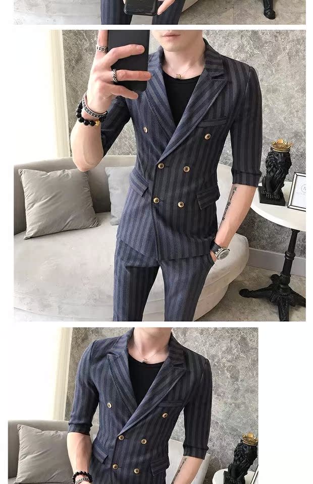 Bộ đồ ngắn tay phù hợp với nam Slim cá tính sọc khâu miễn phí đôi ngực nóng bỏng cơ thể thanh niên làm việc phía tây vest nam hàn quốc