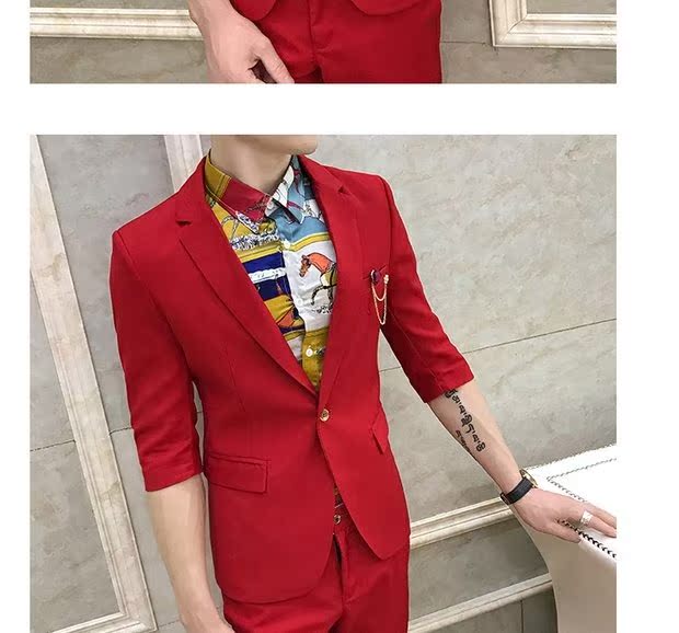 Bộ đồ ngắn tay nam phù hợp với phiên bản nam Hàn Quốc màu rắn Slim là quần lửng ống sắt không tay chín màu sơ mi nam