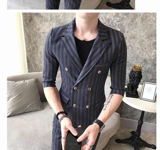 Bộ đồ ngắn tay phù hợp với nam Slim cá tính sọc khâu miễn phí đôi ngực nóng bỏng cơ thể thanh niên làm việc phía tây vest nam hàn quốc