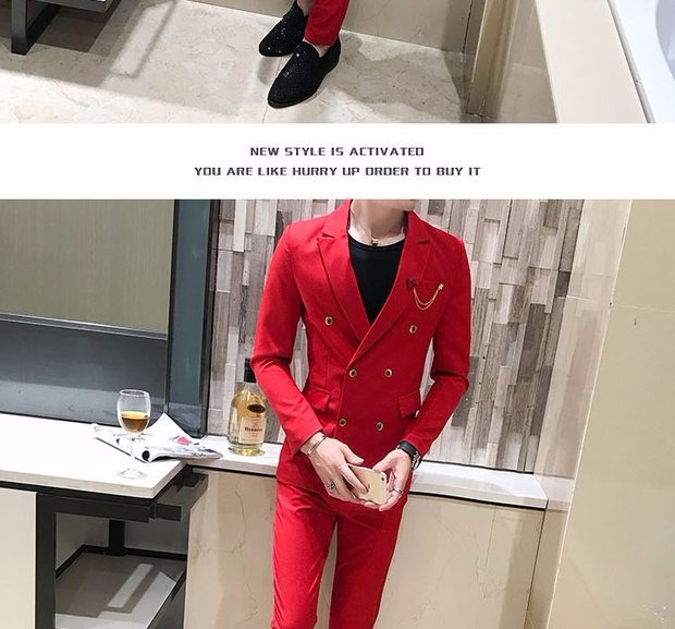 Bộ đồ vest nam phiên bản Hàn Quốc mỏng manh bốn mùa dài tay Slim đôi ngực rắn màu trẻ trung công sở 2 bộ đồ trắng áo nam