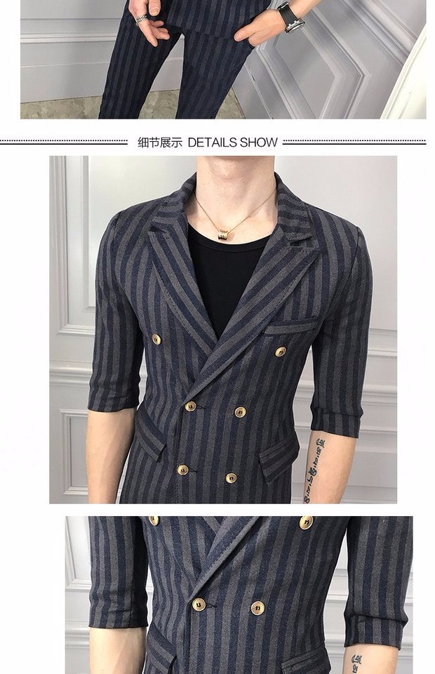 Bộ đồ ngắn tay phù hợp với nam Slim cá tính sọc khâu miễn phí đôi ngực nóng bỏng cơ thể thanh niên làm việc phía tây vest nam hàn quốc