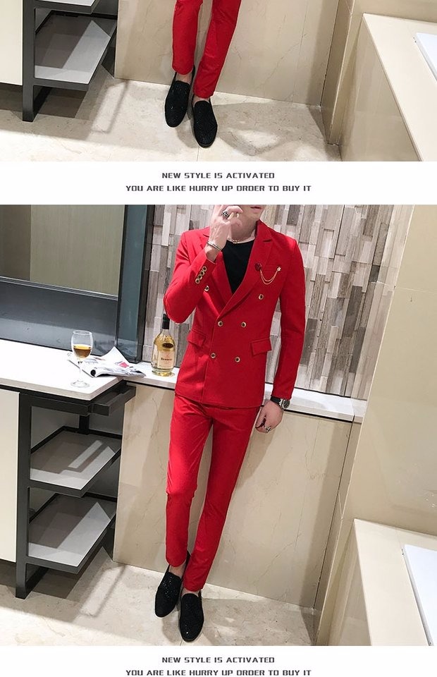 Bộ đồ vest nam phiên bản Hàn Quốc mỏng manh bốn mùa dài tay Slim đôi ngực rắn màu trẻ trung công sở 2 bộ đồ trắng áo nam