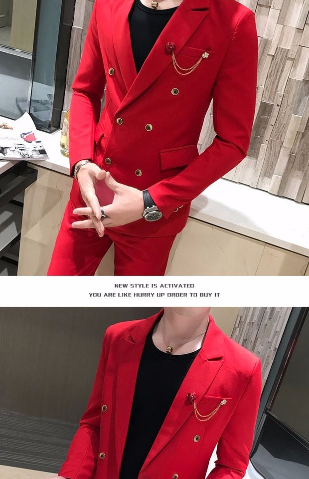 Bộ đồ vest nam phiên bản Hàn Quốc mỏng manh bốn mùa dài tay Slim đôi ngực rắn màu trẻ trung công sở 2 bộ đồ trắng áo nam