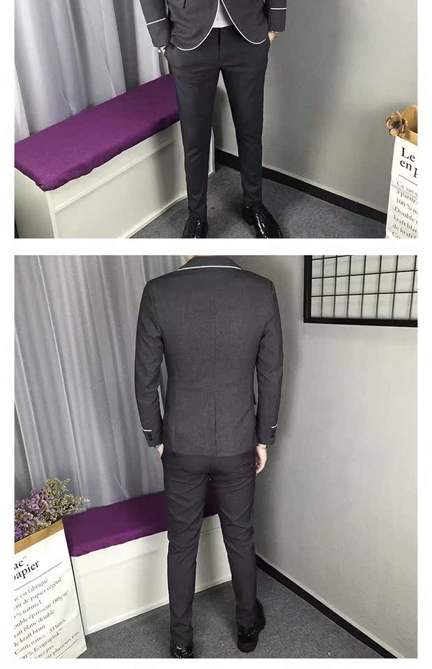 Bộ đồ vest nam mùa thu dài tay thon gọn hai mảnh màu trắng thiết kế sọc trắng miễn phí bộ đồ công sở đêm nóng quần baggy nam