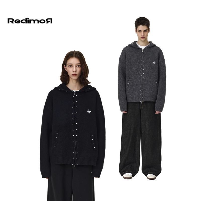 Redimor Beaded Hooded Sweater Zipper Unisex Loose Lazy Style Knitwear Couple Coat 253Rc1312