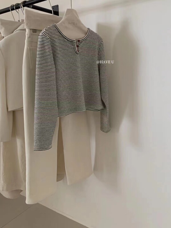 New Arrival! Have U New Korean Style Versatile Retro Striped Waffle Slim-Fit Long-Sleeve Button-Up T-Shirt Z0892