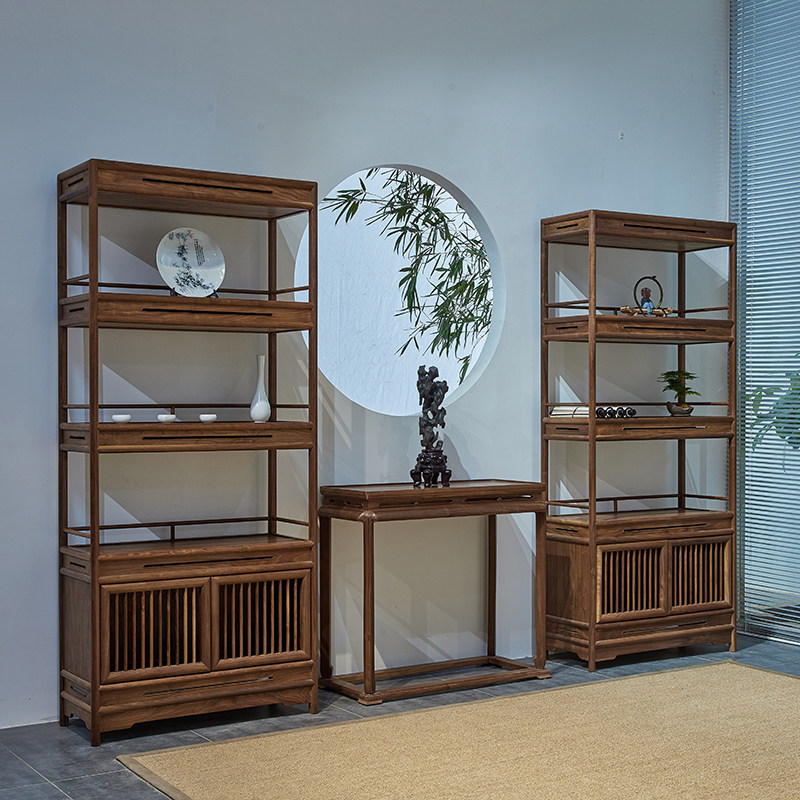 Zen new Chinese style black walnut bookcase bookshelf old elm paint-free solid wood tea rack display rack Bogu rack custom-made