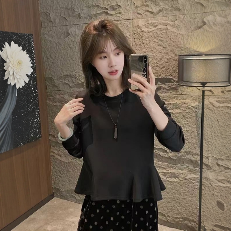 Korean Fashion Design Long-Sleeved Sweatshirt with Ruffled Hem for Women, Spring New Style, Waist-Cinching, Slimming, Unique and Beautiful Top
