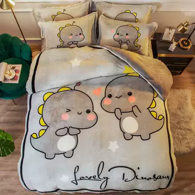 German IMOM padded cartoon coral velvet bed four-piece Winter flannel sheets double-sided plus velvet quilt cover