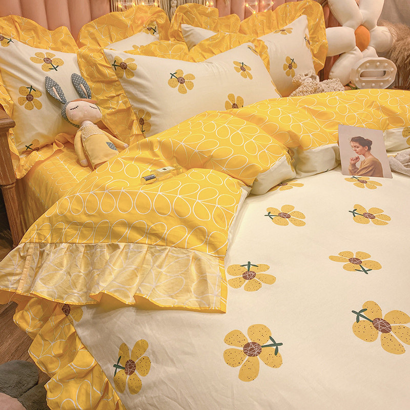 Italian IMOM Small Fresh Pure Cotton Bed Four Pieces 100 Of 100 All-Cotton Ins Princess Wind Single Three Quilt Cover Quilt