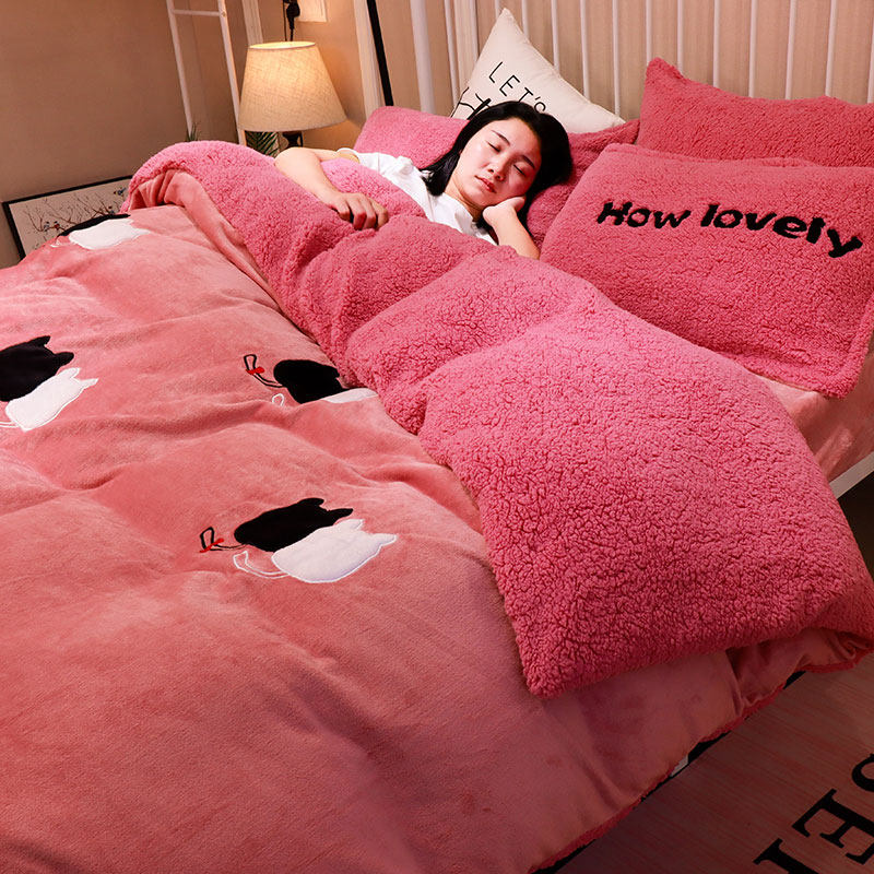 Italy IMOM coral fleece double-sided padded flannel four-piece bedding quilt cover suede winter