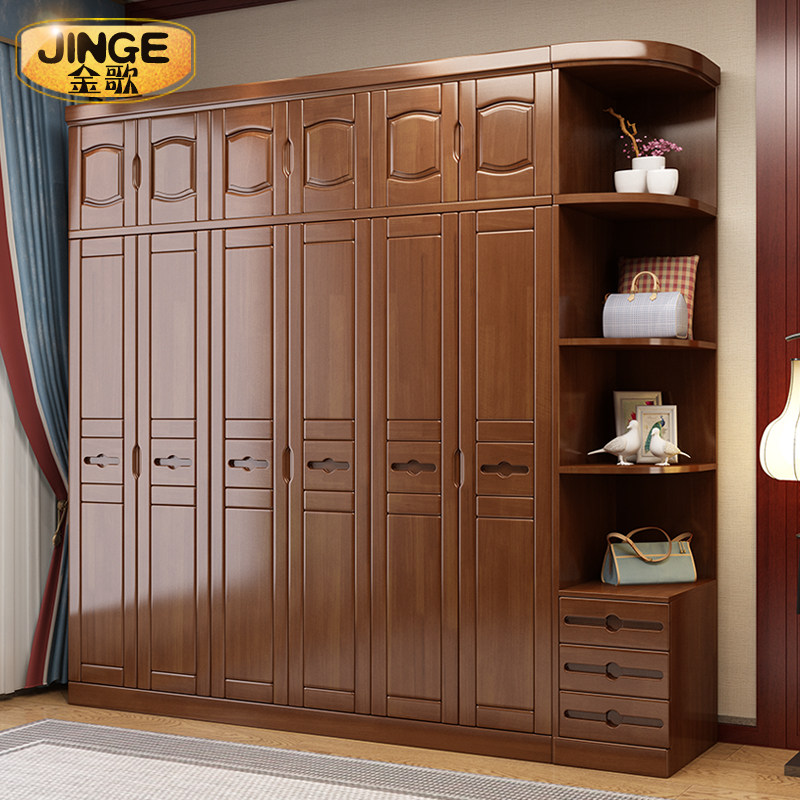 Chinese style solid wood wardrobe 3456 side door economical simple modern log wardrobe bedroom solid wood furniture