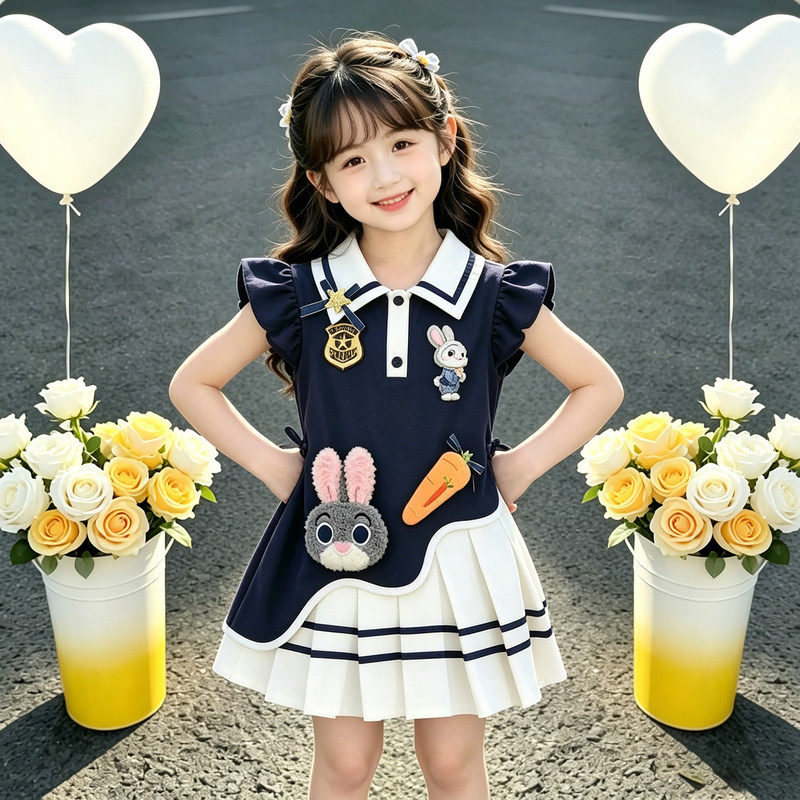 Girls' Dress Summer 2026 New Style Preppy Rabbit Police Officer Cartoon Flutter Sleeve Princess Dress Boys' Suit Girls' Dress Summer 2026 New Style Preppy Rabbit Police Officer Cartoon Flutter Sleeve Princess Dress Boys' Suit
