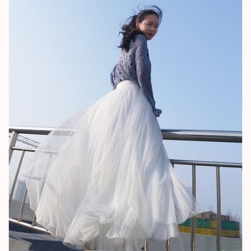 New Mesh Skirt, Puffy Skirt, Pleated Spring and Summer Long Skirt, Fairy Skirt, Gray, Black, White, Pink, Slimming and High-Waisted