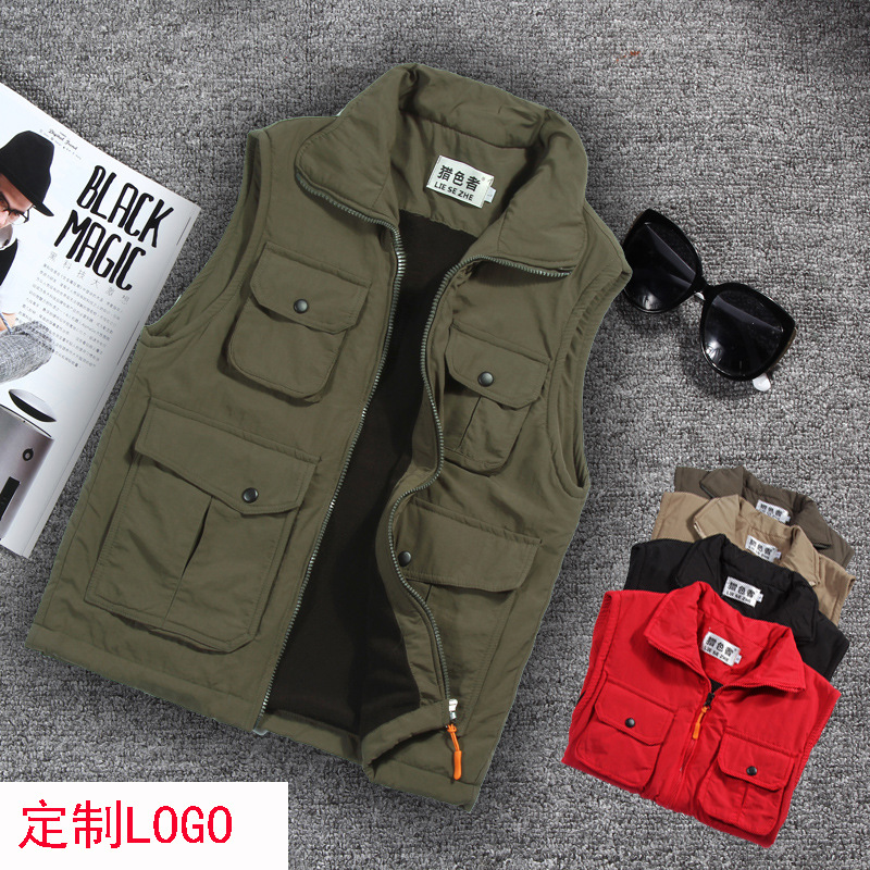 men's autumn and winter multi pocket thickened fleece couple workwear cotton vest men's fashion custom printed logo