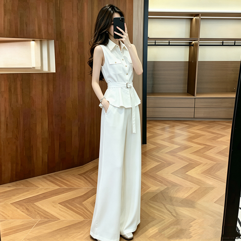 Hong Kong Style High-End Fashion Suit for Women, Summer Professional and Elegant, Slimming Sleeveless Top and Wide-Leg Pants Two-Piece Set
