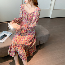 European station womens European goods tide 2020 autumn new Chiffon floral v-neck thin temperament medium-long dress