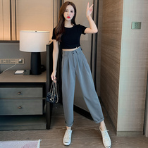 Europe station 2020 summer new light cooked wind womens versatile tight t-shirt suit suit wide leg pants two-piece set