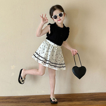 Summer new childrens clothing girls suit childrens flying sleeve knitted vest sleeveless top T-shirt versatile polka dot skirt