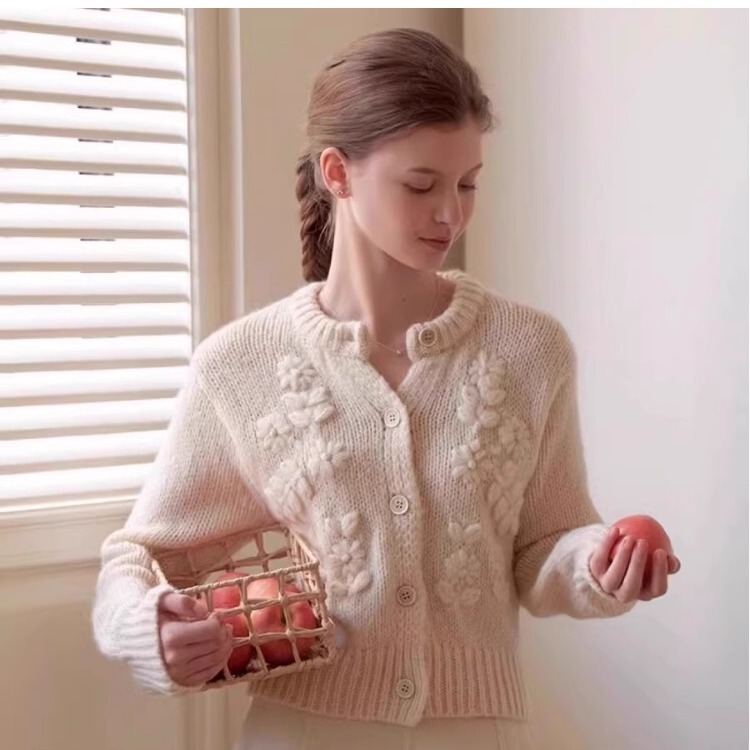Korean Song Hye-Kyo Style Design Small Floral Embroidered Knit Cardigan Sweater Jacket for Women, Early Autumn 2026 New Model Korean Song Hye-Kyo Style Design Small Floral Embroidered Knit Cardigan Sweater Jacket for Women, Early Autumn 2026 New Model