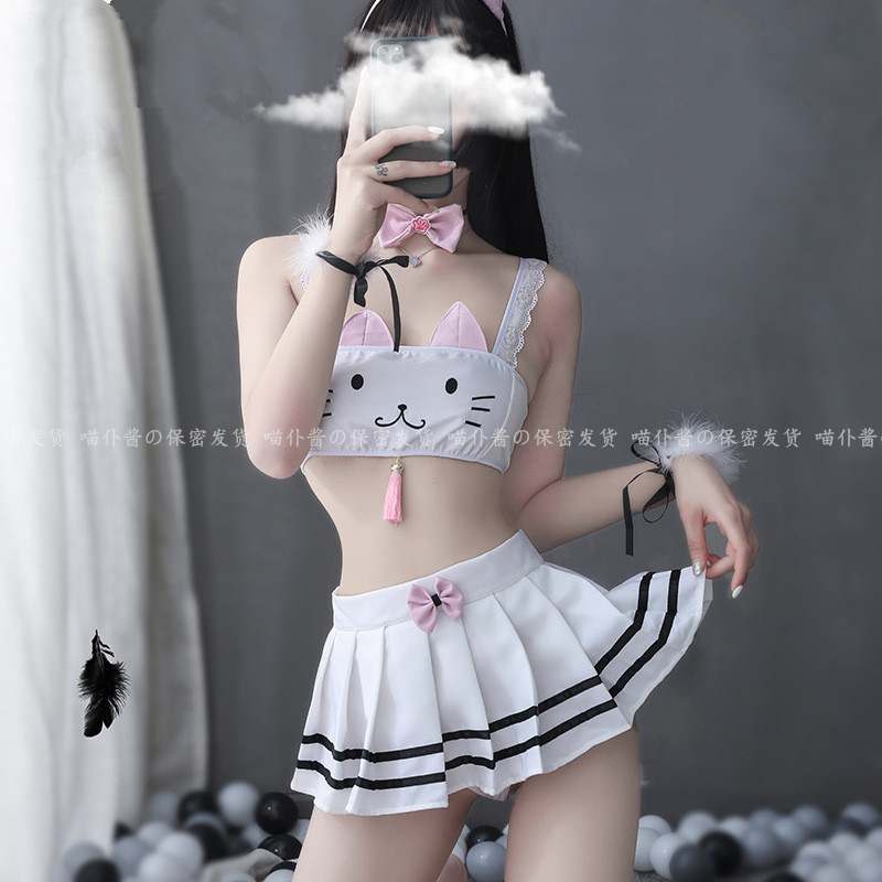 Sexy coquettish cute cat bra Japanese cute female small chest underwear  well-behaved soft girl private room nightdress loli dead pool water