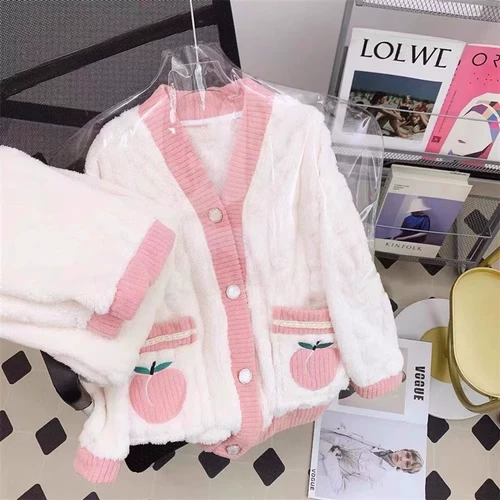 Демисезонная коралловая бархатная пижама, лонгслив, фланелевый комплект, увеличенная толщина